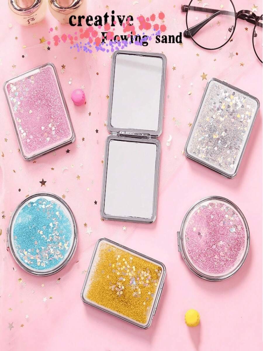 1pc Cute Student Double-Sided Magnifying Makeup Mirror, Portable Folding Compact Mirror With Dreamlike Glitter, Suitable For Girls