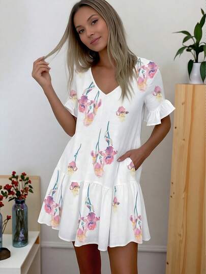 New Floral Pattern Vacation Style Ruffle Sleeve Dress, Fashionable Mommy Pocket Design, Casual Outdoor Short Sleeve Dress, Hot Selling Spring/Summer, Fashionable Vacation Style, Cool Spring/Summer, Sexy Fitted, Slimming, Fashionable Sweet & Elegant, Digital Printing Technique, Versatile Outdoor, Casual, Home, Travel, Work, Wedding, Party, Beach, Office, Floral Print Long Dress For Women White