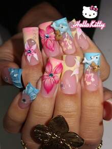 SANRIO 24片Y2K中号方形3D法式美甲贴片 - 可爱3D花朵装饰，饰以彩色珍珠和水钻，完美适配亚克力假指甲套装。适合日常派对和聚会使用。 - 彩色 - 查看 2