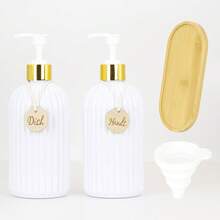 XEXUN-2+1 套装 - 500毫升/16.9盎司 PET材质液体皂液器/洗洁精分配器，带按压泵，包含漏斗和刻字标签板，可选配竹制托盘套装，台式按压式液体皂液器瓶，适用于厨房和浴室盥洗台，黑色/白色可重复灌装瓶，浴室配件 - 多色 - 查看 16