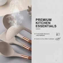 Bộ dụng cụ nhà bếp silicon mới 11 món, chảo chống dính cán gỗ vân mạ vàng, thìa và muỗng chịu nhiệt. - A - Xem 6