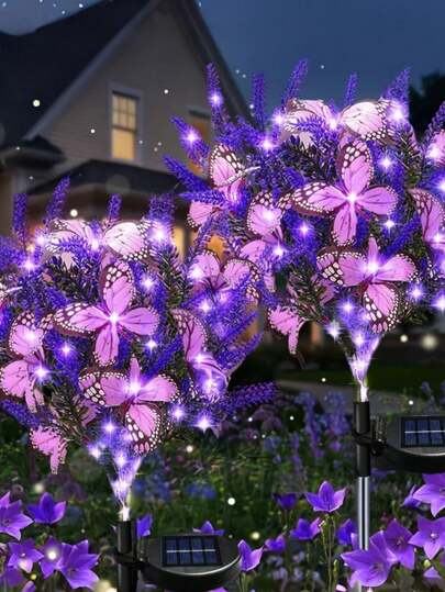 太阳能蝴蝶薰衣草灯，逼真蝴蝶装饰，薰衣草装饰，送给女性的园艺礼物，薰衣草紫色灯光，乡村植物花卉灯，户外花园氛围地插灯，LED草坪灯，太阳能花灯，母亲节礼物，适用于庭院、花园、露台、门廊、小径、公园景观，情人节、婚礼装饰，太阳能户外装饰灯