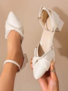 女士米色高跟凉鞋，时尚珍珠装饰优雅粗跟闭趾露跟凉鞋，尖头单带镂空凉鞋，米色高跟凉鞋，适合搭配连衣裙、旗袍、舞蹈服 - 米色 - 查看 3