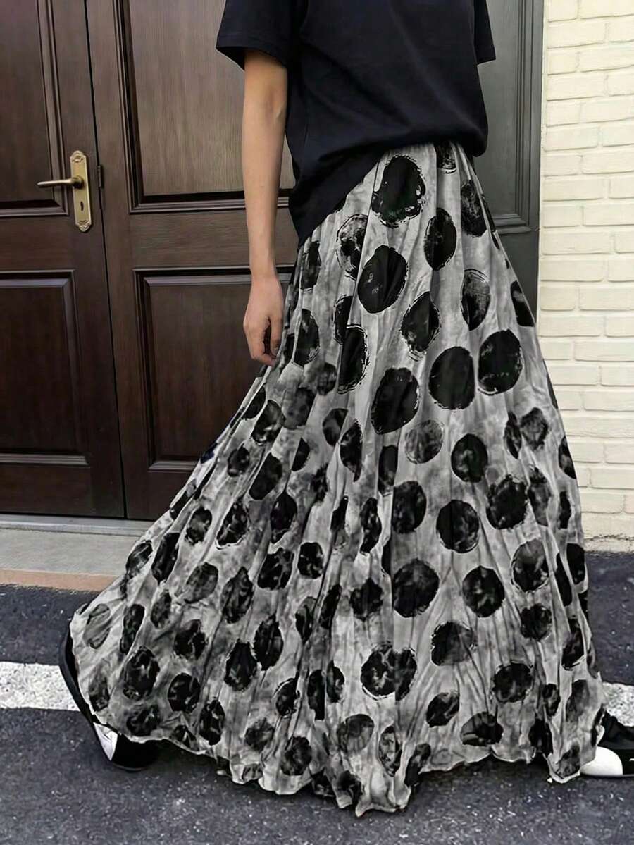 EARO 女士长款波点半身裙，松紧腰，休闲无弹面料，适合日常穿着和度假。 - 灰色 - 查看 1