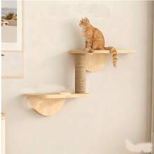 Solid Wood Wall-Mounted Cat Climbing Frame With Integrated Platform, Scratching Board, Cat Tree, Condos, Wall Nest And Scratching Post. Provides A Dedicated Space For Cats To Play, Climb, Sharpen Claws And Rest Comfortably. - Apricot - View 5
