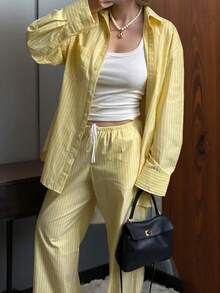 DEEKA Women's Spring/Summer New Arrival Dropped Shoulder Long Sleeve Single-Breasted Striped Loose Shirt, European & American Style French Design Fashionable Versatile Striped Wide-Leg Pants Suit - Yellow Stripes - View 1