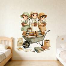 卡通园艺女孩墙贴，适用于女孩房和卧室、幼儿园墙面装饰、客厅背景，是墙面装饰和派对背景的理想之选。 - 彩色 - 查看 4