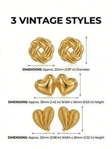 Title: 1 Pair 18K Gold Plated Vintage Stud Earrings For Women, Joined Double Heart & Knotted Circle & Ribbed Texture Studs, Hypoallergenic Tarnish-Free Jewelry/Vintage, Earrings For Women, Earrings, Gold Earrings Women - Gold Ear Stud - View 3