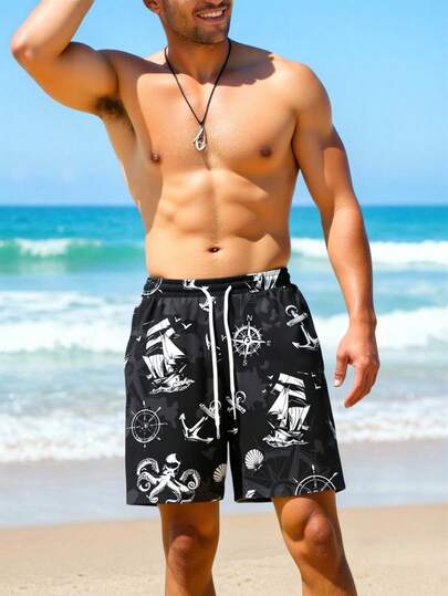 Men's Anchor & Ocean Graphic 3D Digital Print Casual Beach Shorts, Drawstring Waist, Lightweight, Suitable For Summer Holiday, Outdoor, Daily Wear