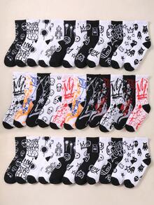 10/12 Pairs Kids Graffiti & Skull Graphic Soft Breathable Sweat-Wicking Streetwear Y2K Style Mid-Calf Crew Socks For Daily/Spring/School - Multicolor - View 2