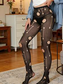 Quần tất lưới khoét lỗ thời trang nữ, quần tất lưới chấm bi gợi cảm với dây xích, màu đen trong suốt, độ co giãn cao, kiểu dáng punk Y2K cho mặc hàng ngày, dự tiệc và ngày lễ. - Nhiều màu - Xem 4