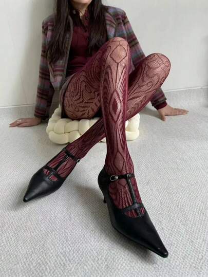 1 Pair Wine Red Geometric Pattern Fishnet Pantyhose, Retro Sexy Style