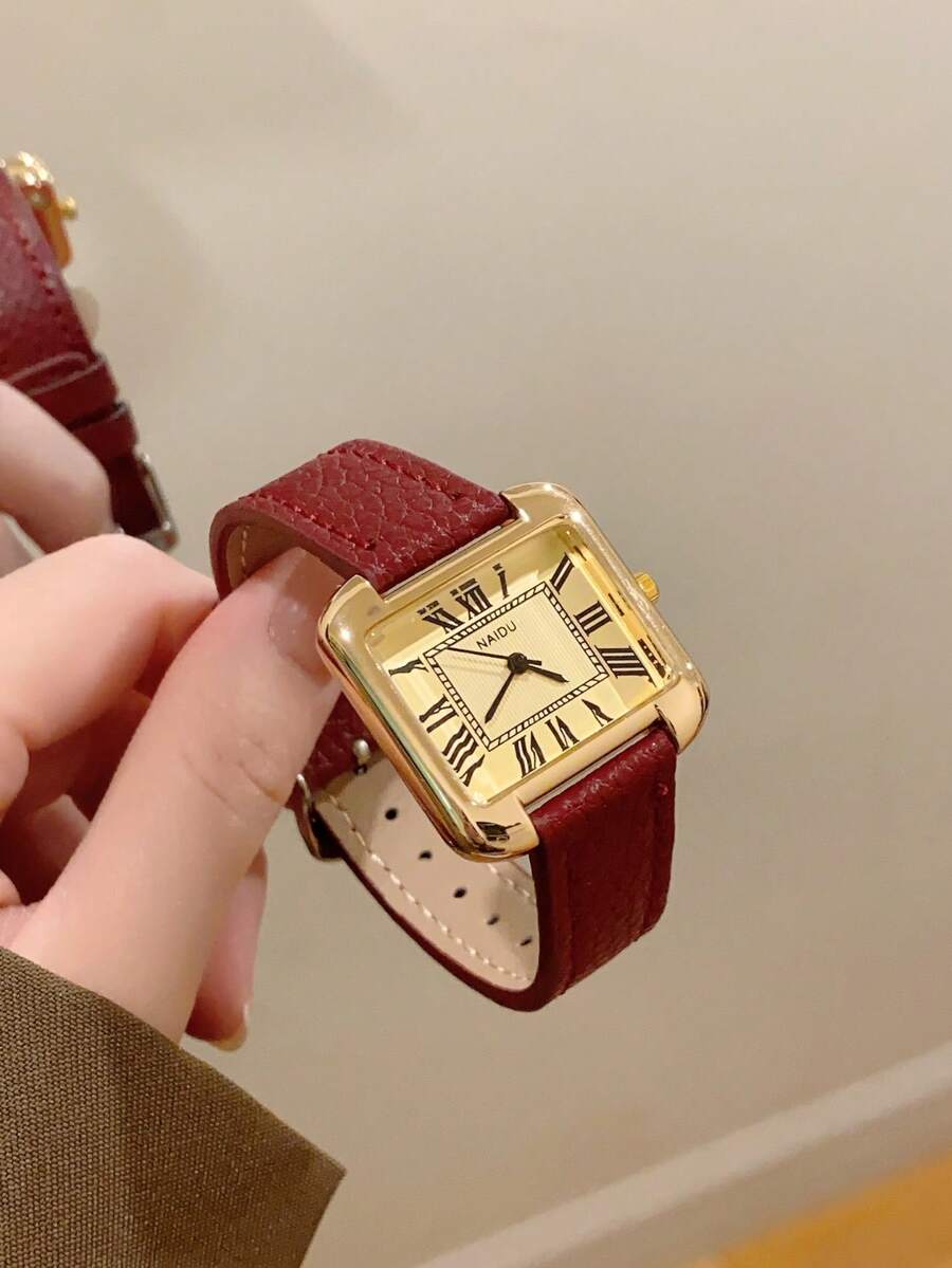 1件女士椭圆形罗马数字休闲优雅石英腕表,适合日常佩戴 - 紅色 - 查看 1