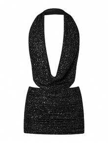 Women Sequin 2 Piece Outfit Sparkly Bodycon Sleeveless Halter Crop Top Split Mini Skirt Set Going Out Club Suit - 黑色 - 查看 3