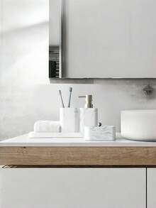 4pcs Marble Bathroom Accessories Set, Including Tumbler, Soap Dispenser, Cotton Swab Holder And Vanity Tray, Bathroom Home Decor - Multicolor - View 1