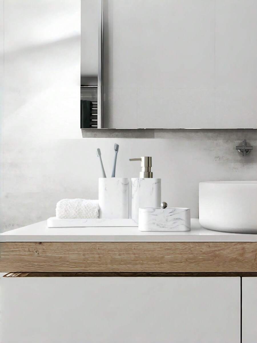 4pcs Marble Bathroom Accessories Set, Including Tumbler, Soap Dispenser, Cotton Swab Holder And Vanity Tray, Bathroom Home Decor - Multicolor - View 1