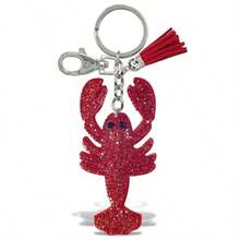 Lobster Keychain - Red Sparkling Rhinestones Charm With Tassel Fashionable Stylish Polyester PU Ocean Life Key Ring Bling Jewelry Accessory With Clasp For Key Chain Bag Purse Backpack - 如圖所示 - 查看 1