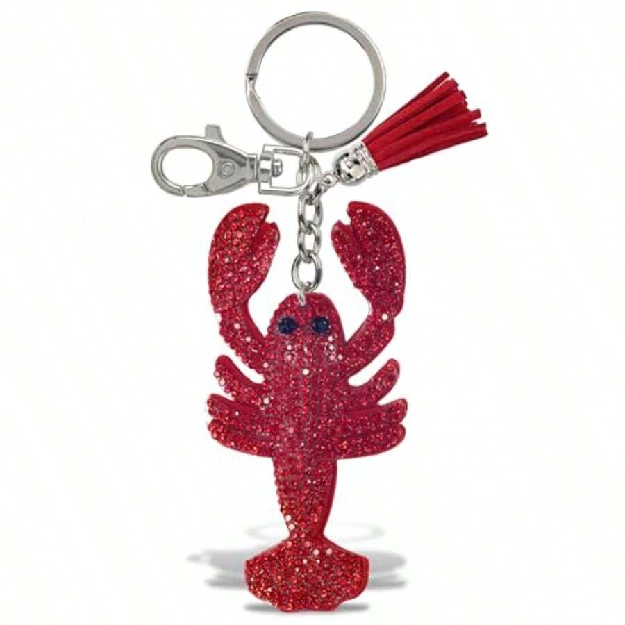 Lobster Keychain - Red Sparkling Rhinestones Charm With Tassel Fashionable Stylish Polyester PU Ocean Life Key Ring Bling Jewelry Accessory With Clasp For Key Chain Bag Purse Backpack - 如圖所示 - 查看 1