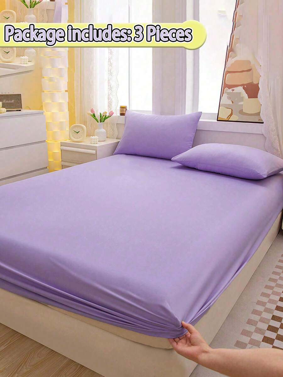 1 Juego de sábana ajustable de tela suave cepillada (1*Sábana ajustable + 2*Fundas de almohada), adecuado para dormitorio y habitación de invitados, para todas las estaciones, lavable a máquina, color: Verde musgo/Azul/Café oscuro - Púrpura malva - Ver 1