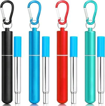 4Packs Reusable Straws, Metal Straw With Silicon, Travel Drinking Straws With Case, Keychain, Cleaning Brushes, Silicon Pcs Perfect For Travel, Gifts (20 PCS) Blue-Black-Silver-Turquoise