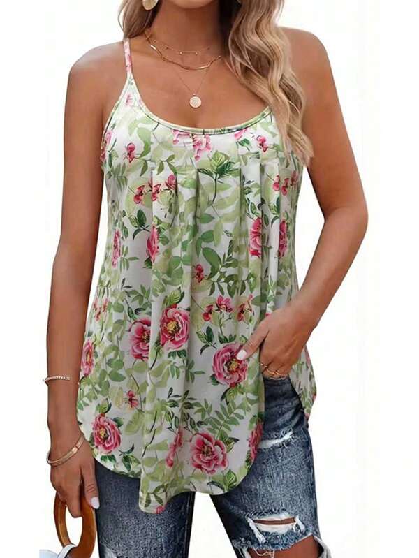 New Floral Pleated Front Camisole, Loose Flattering Summer Top Vacation Casual