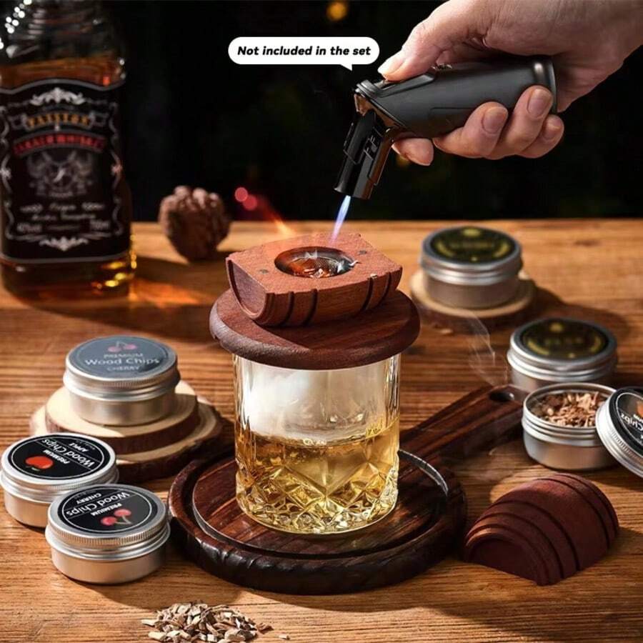 Juego de ahumador, juego de ahumador de madera con diversas fragancias, juego de infusor, adecuado para juego de ahumado de bebidas, perfecto para padre, esposo, amigo - A - Ver 1