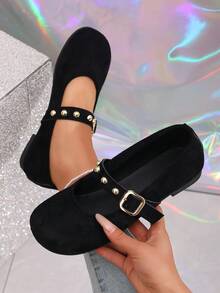 2026 Primavera Nueva Moda Zapatos de Mujer Estilo Mary Jane de Ante, Hebilla Cuadrada con Remaches Dorados, Suela Blanda Puntera Redonda, Diseño Retro de Puntera Redonda Francesa Poco Profunda - Negro - Ver 10