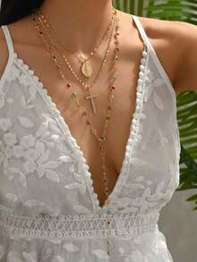 1pc Fashionable Elegant Virgin Mary Embossed Y-Shape Long Necklace, Vintage Religious Cross Pendant Sweater Chain For Women, Suitable For Daily Wear And Gatherings - Gold - 查看 4