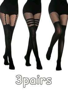 3双装性感镂空连裤袜，镂空吊袜带，密网眼丝袜，夜店女王黑色丝绸性感渔网袜 - 彩色 - 查看 7