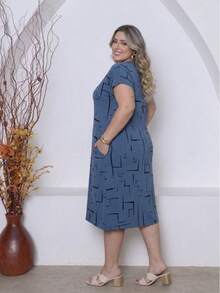 Plus Size Printed Midi Knit Dress - 藍色牛仔褲 - 查看 2