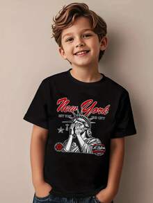 Camiseta infantil de Halloween para niños con estampado de la Estatua de la Libertad de Nueva York, 100% algodón, con estampado de fantasmas, ideal para niños pequeños. Camisetas de verano negras con diseño de paisaje urbano, ropa de otoño para niños, camisetas Kpop para Halloween, camisetas de manga corta para jugar al aire libre y para uso casual, camisetas de Mas Tour para niños pequeños/adolescentes/niños bebés. - Negro - Ver 1