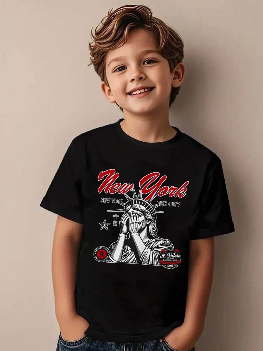 Camiseta infantil de Halloween para niños con estampado de la Estatua de la Libertad de Nueva York, 100% algodón, con estampado de fantasmas, ideal para niños pequeños. Camisetas de verano negras con diseño de paisaje urbano, ropa de otoño para niños, camisetas Kpop para Halloween, camisetas de manga corta para jugar al aire libre y para uso casual, camisetas de Mas Tour para niños pequeños/adolescentes/niños bebés. - Negro - Ver 1
