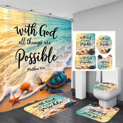 1pc/4pcs Beach Scenery & Text Pattern Multifunctional Bathroom Decor Shower Curtain Set, Free 12 Hooks Included, Elegant Holiday Atmosphere, Bathroom Mat, U-Shaped Toilet Mat And Round Toilet Mat, Suitable For All Scenarios Bathroom Set