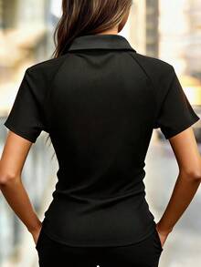 Black High Elastic Ribbed Zip Polo Collar Cropped Top, Sexy New Style - Black - View 3