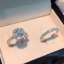 2 piezas Anillos apilables elegantes, con diseño de halo con piedras de circonita cúbica plateadas brillantes, adecuados para anillos de compromiso/boda - Plateado - Ver 4