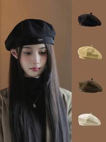 1顶女士黑色贝雷帽，新款春秋季艺术家贝雷帽，适合日常佩戴 - 常規款 - 查看 1