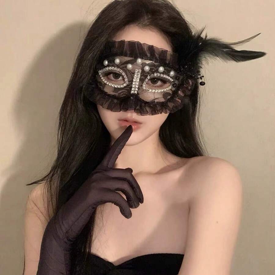 Máscara de encaje blanco con plumas y perlas - Máscara veneciana de fiesta para ojos de mujer - Multicolor - Ver 1