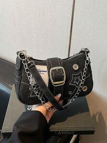 韩版极简星形牛仔腋下包，新款时尚小众新月形帆布手提包，个性化链条单肩包 - 黑色 - 查看 1