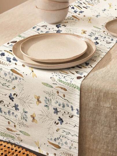 Caminho de mesa/jogo americano de linho com estampa de flores silvestres, borboletas e libélulas (1 peça). Ideal para feriados, festas, aniversários, jantares, decoração de cozinha e sala de jantar, capa para armário de sapatos e decoração têxtil para todas as estações.
