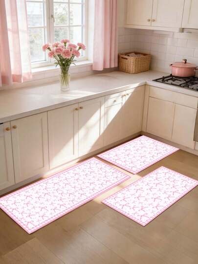 1pc Pink Bow Polyester Doormat, 40*60/50*80/40*120cm, Soft Plush Surface, Bowknot Pattern, Suitable For Indoor And Outdoor Use, Applicable To Living Room, Bedroom, Kitchen, Bathroom, Patio And Hardwood Floors, Carpet Decor, Bathroom Accessories, Back To School, Birthday Party, Entryway Decor