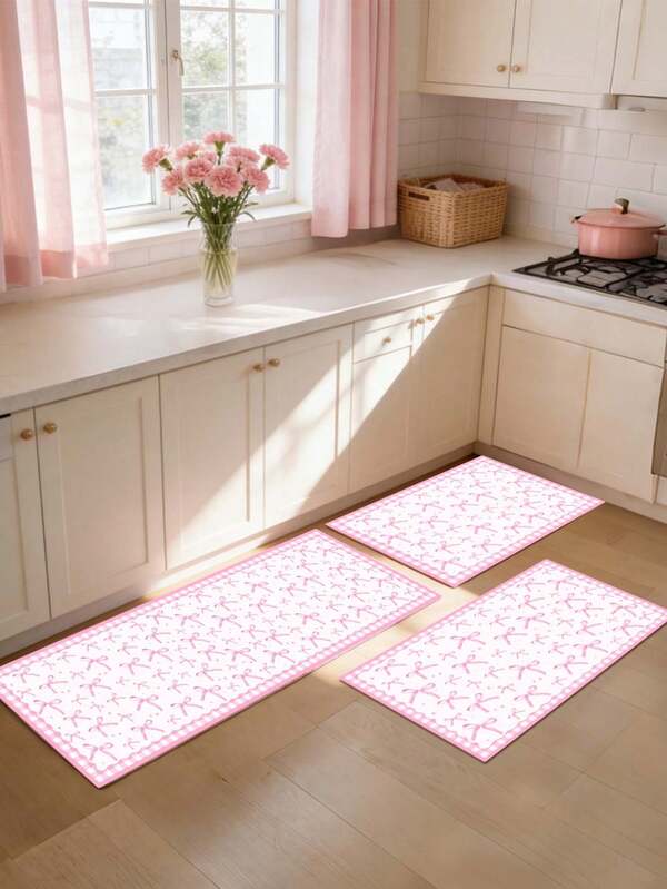 1pc Pink Bow Polyester Material Floor Mat, 40*60/50*80/40*120cm, Soft Fluffy Surface, Suitable For Living Room, Bedroom, Kitchen, Bathroom And Other Decor