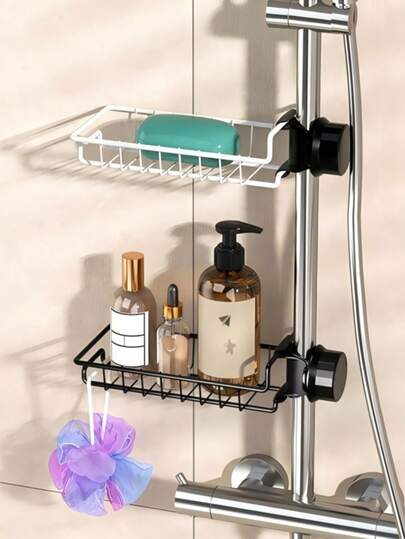 1/2pcs Adjustable Height & Direction Faucet Caddy With Sponge Holder, Soap And Brush Tray, Ideal For Storing Towels, Shampoo And Other Bathroom Accessories