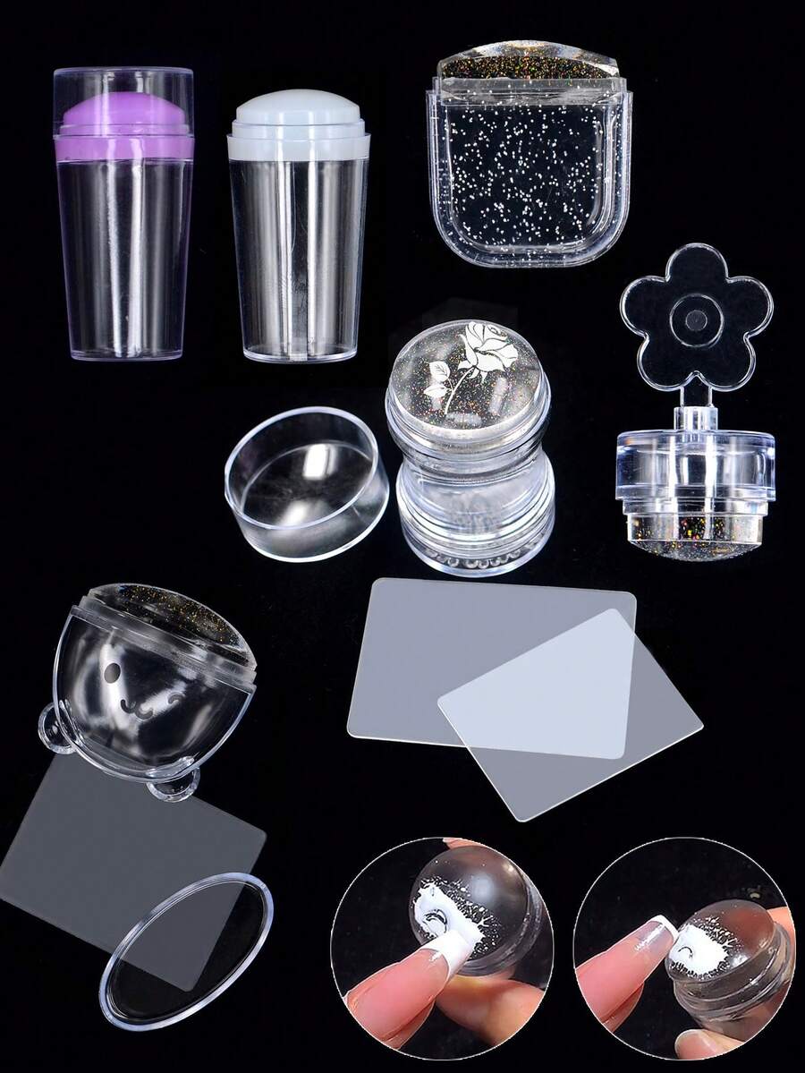 美甲印花工具套装，透明极光雪花硅胶印章，美甲钢板印花DIY，大小美甲印章和刮板