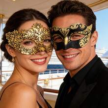Masquerade Ball Mask, Venetian Lace Eye Mask For Women, Christmas & Halloween Party Costume Mask Set, Couple Cosplay Mask - Gold - View 6