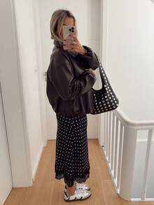 Women Satin Lace Trim Midi Skirt Polka Dot Print High Waist Long A-Line Skirts Vintage Silk Going Out Dress Y2k Streetwear Party Clubwear - 黑白-A - 查看 5