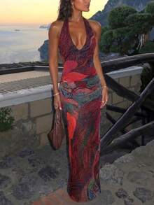 Vestido de festa elegante e sensual com estampa em tule transparente e costas nuas da DOUCIU - Multicolorido - Ver 4