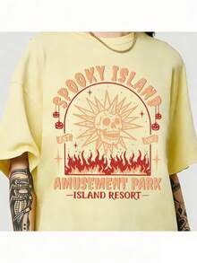 Spooky Island Amusement Park T-Shirt, Retro 2000s Halloween Movie Shirt, Disco Skull, Summer Spooky T-Shirt, 90s Nostalgia Halloween Tee For Halloween - 黃色 - 查看 4