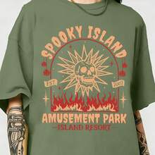 Spooky Island Amusement Park T-Shirt, Retro 2000s Halloween Movie Shirt, Disco Skull, Summer Spooky T-Shirt, 90s Nostalgia Halloween Tee For Halloween - 軍綠色 - 查看 13