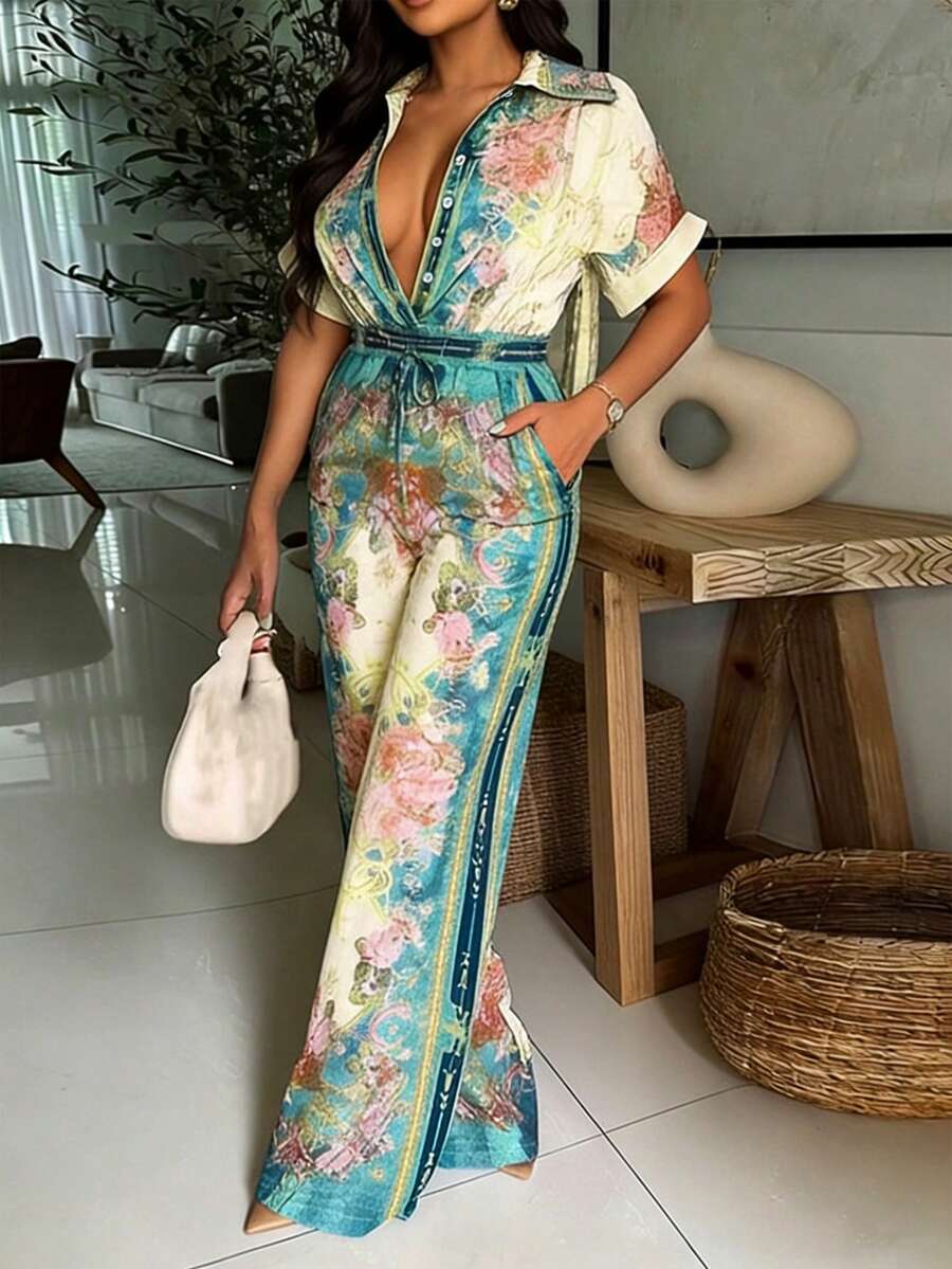 女士前扣假抽绳腰带弹力印花连体裤 - 彩色 - 查看 1