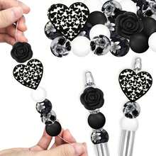 28pcs Silicone Beads, Black & White Bowknot Heart Rose Floral Print Design, Suitable For Jewelry Making, DIY Bracelets, Lanyards, Beaded Pens, Holiday Decorations And Crafts - Ideal Birthday, Spring/Summer, Father's Day, Mother's Day Gift Accessories - Beading Kit, Beading Supplies - 28pcs - View 3